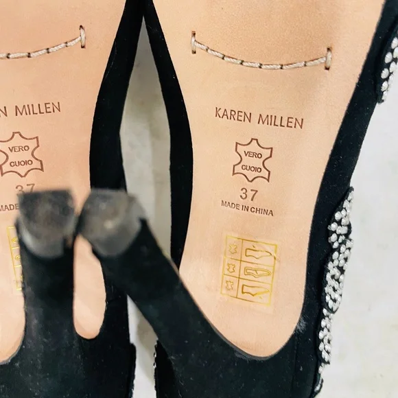 KAREN MILLEN {6} Black Silver Beaded Pumps Peep Toe Stiletto - Picture 12 of 16